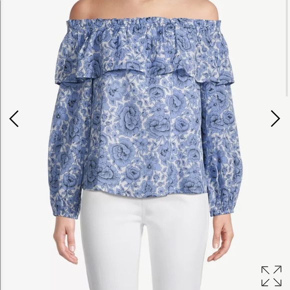 Ann Taylor Tiered Ruffled off shoulder blouse floral, size large - Picture 1 of 6
